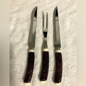VTG 60'S 3 Piece NEVCO CARVING KNIVES & FORK FAUX STAG HORN HANDLE JAPAN